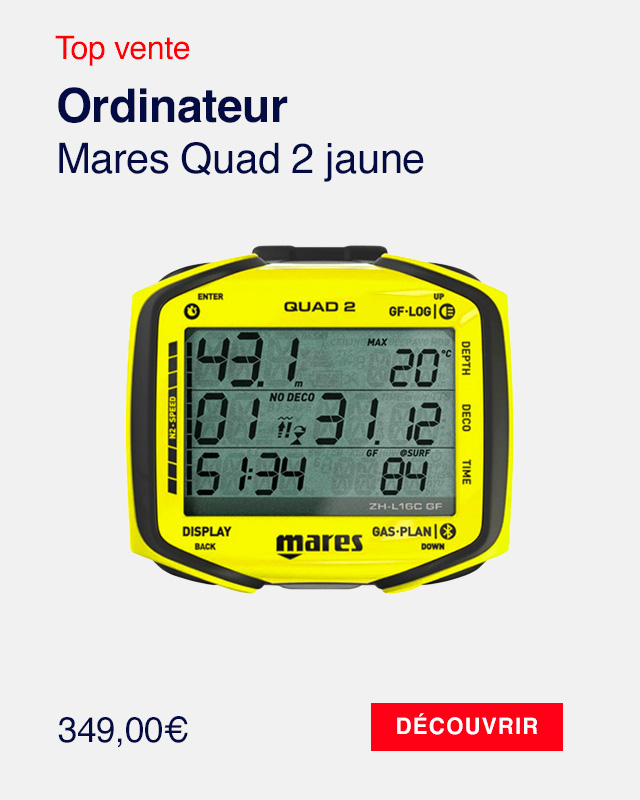 Ordinateur de plongée Mares Quad 2 jaune, grand écran lisible et fonctions complètes pour plongée loisir